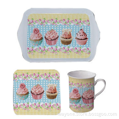 Tea Time Gift Set, Made of 30% Melamine, 9oz Porcelain Mug, Coaster, Cupcake Motif
